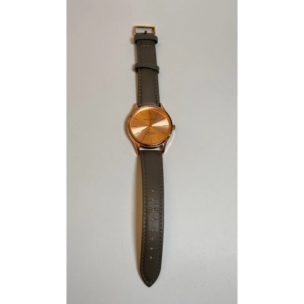 Monroe‎ By Maestro Classique Rose Gold Tone Round Case Gray Leather Band Watch